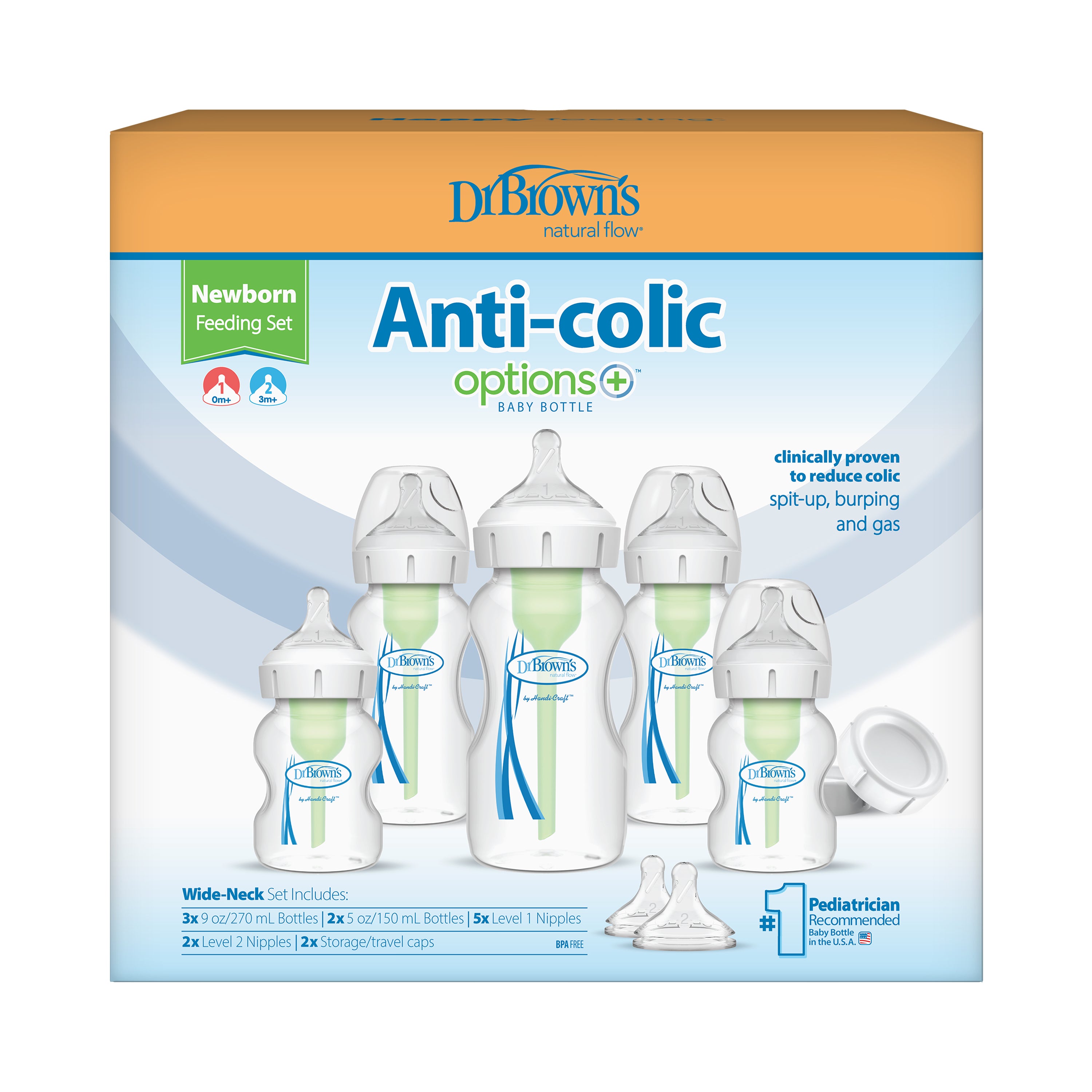 PP W-N Options+ Newborn Feeding Set (2x150 ml & 3x270 ml bottles, 2xL2 nipples, 2 storage caps, 3 cleaning brushes)